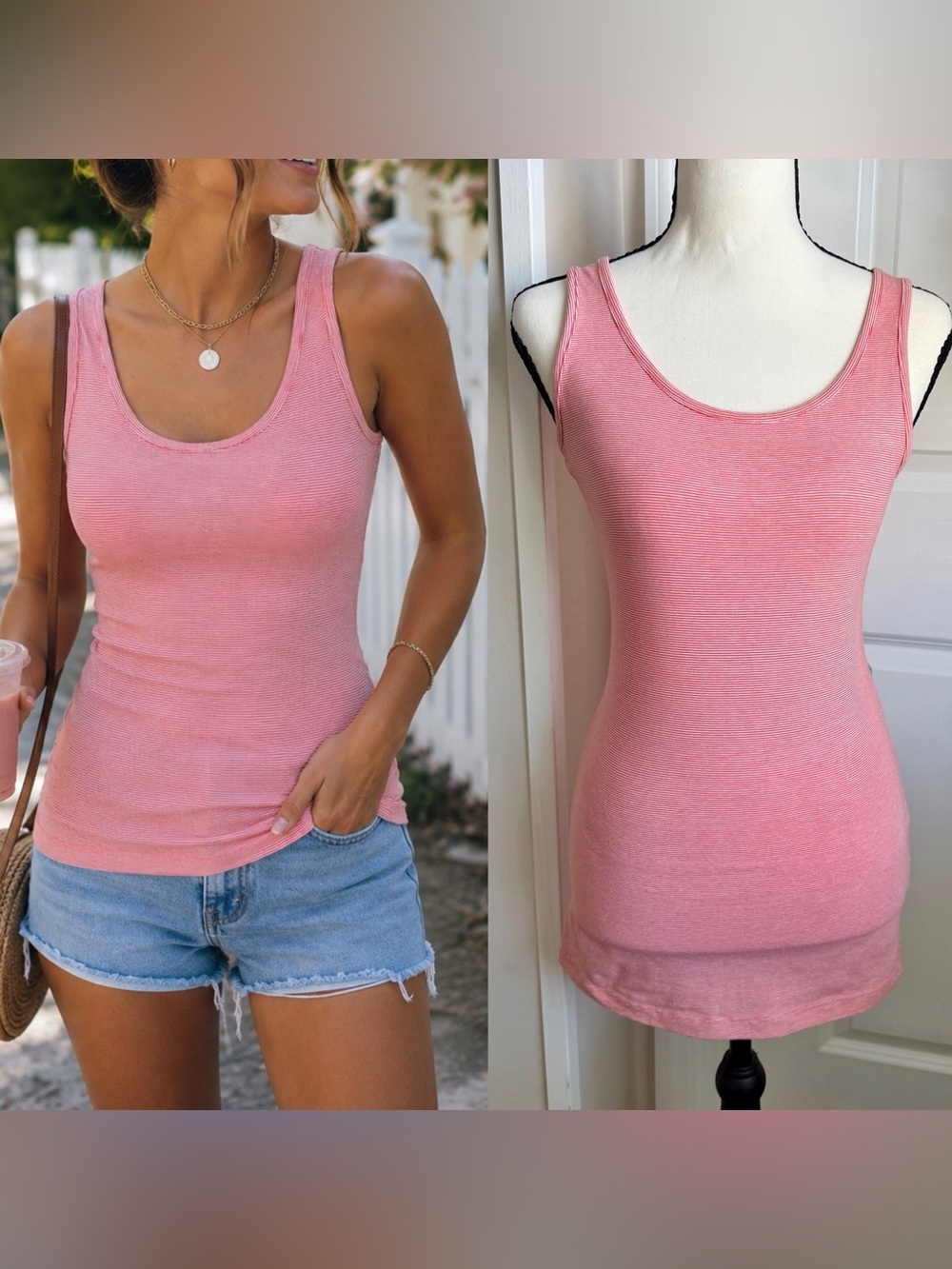 H&M Cotton Blend Sleeveless Striped Longline Fitted Tank Top Red White Sz S